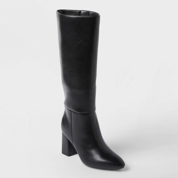 A New Day Shoes - Women’s Evangeline Under Knee Heeled Boots with Memory Foam Insole - Black 9